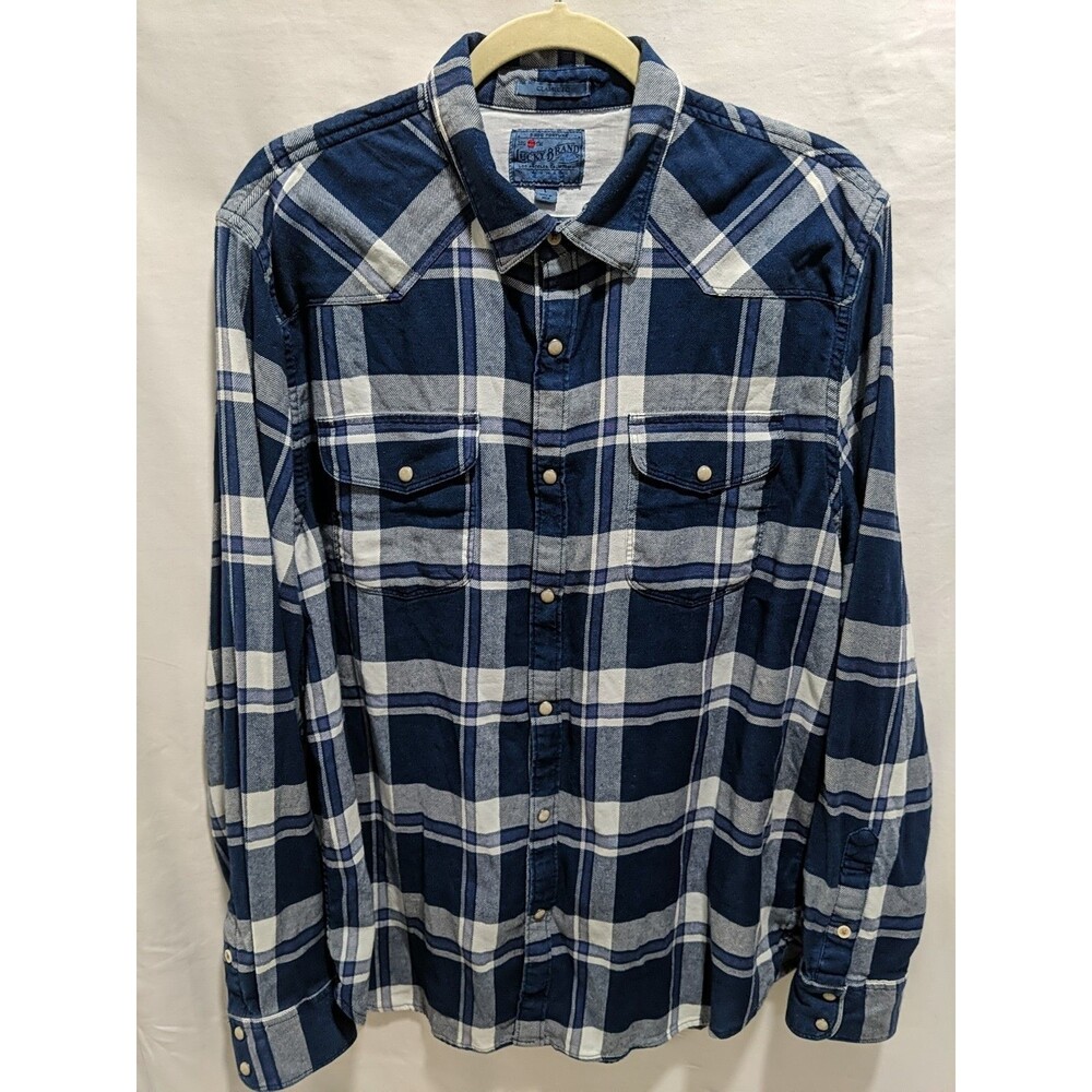 Lucky Brand Men's Shirt L Long Sleeve Indigo Blue Western Plaid Snap Classic Fit
